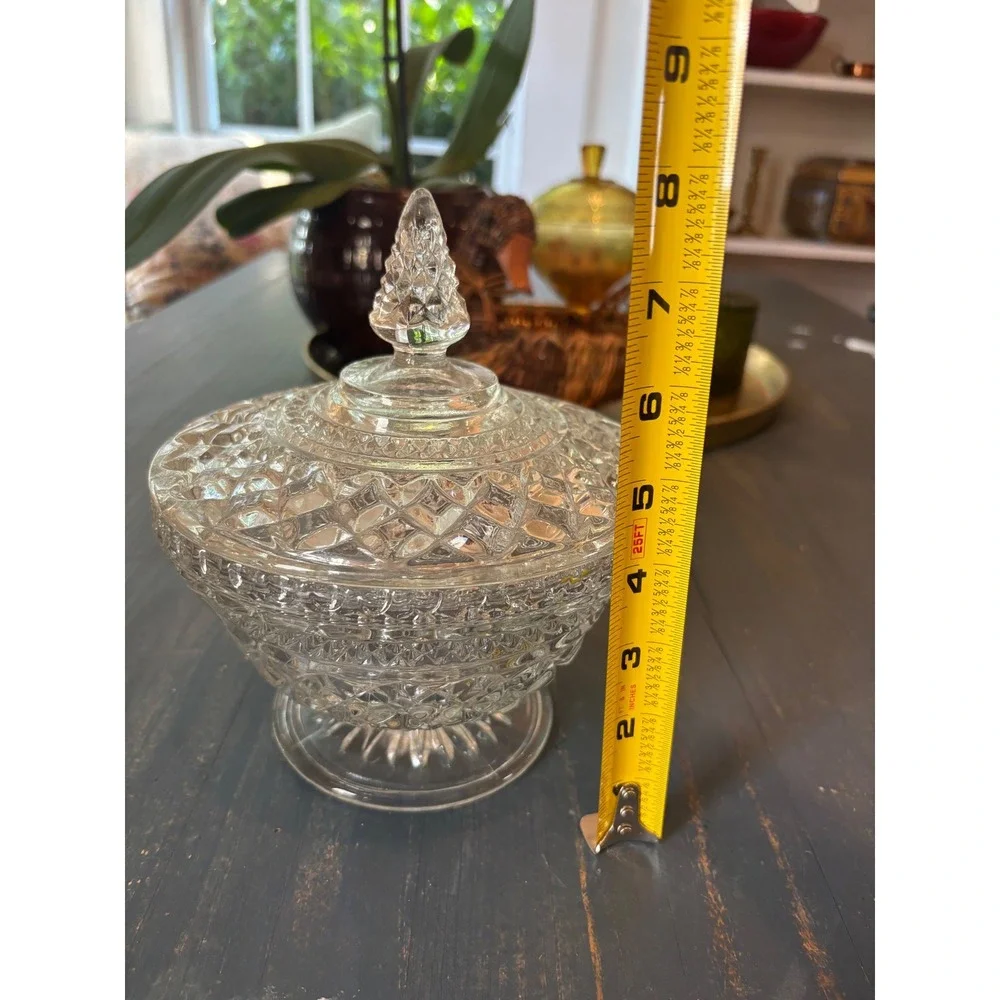 Vintage Clear Pressed Glass Candy Dish with Lid Diamond Point Pedestal Compote